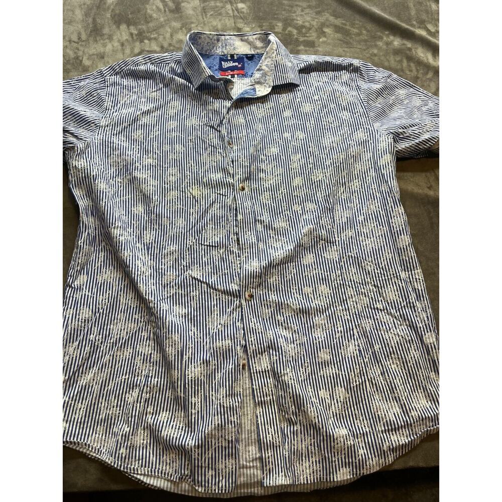 Billy London 2XL Slim Fit Men's Short‎ Sleeve Button Up Shirt blue floral stripe